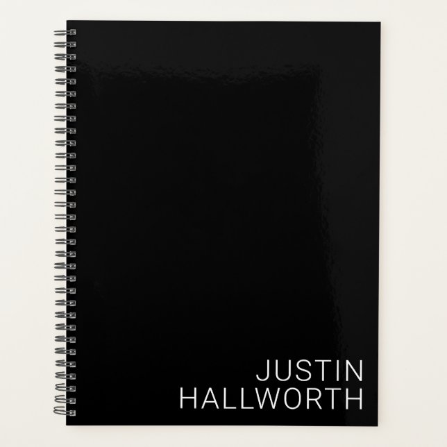 Modern White Name on Black Planner (Front)
