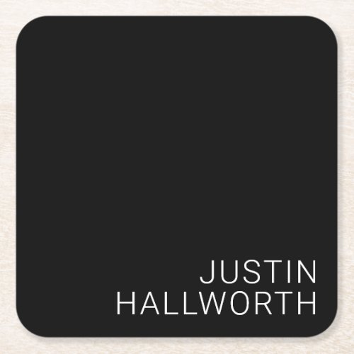 Modern White Name on Black Square Paper Coaster