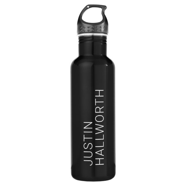 Modern White Name on Black Stainless Steel Water Bottle (Front)