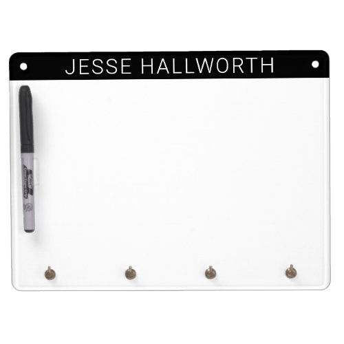 Modern White Name or Business on Black Dry Erase Board With Keychain Holder