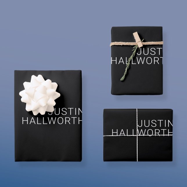 Modern White Name or other Text on Black Wrapping Paper Sheets (Creator Uploaded)