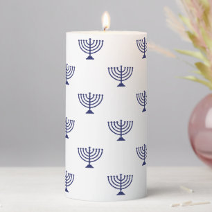 Modern white navy blue menorah pattern Hanukkah Pillar Candle