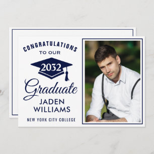 Modern White Navy Blue PHOTO Graduation Invitation