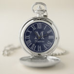 Modern White & Navy Blue with Custom Name Pocket Watch<br><div class="desc">Modern vintage navy blue pocket watch face with white roman numerals and featuring your monogram letter and first name in white.</div>