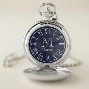 Modern White & Navy Blue with Custom Name Pocket Watch