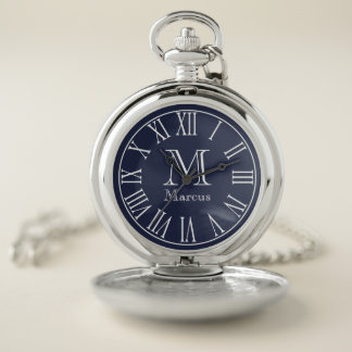 Modern White & Navy Blue with Custom Name Pocket Watch