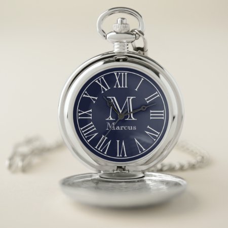 Modern White & Navy Blue With Custom Name Pocket Watch