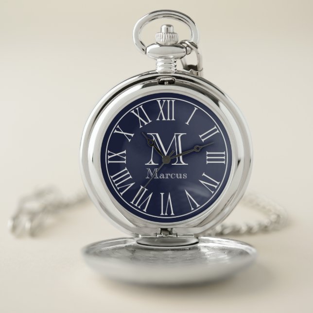 Modern White & Navy Blue with Custom Name Pocket Watch (Inside)