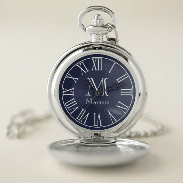 Modern White & Navy Blue with Custom Name Pocket Watch Zazzle