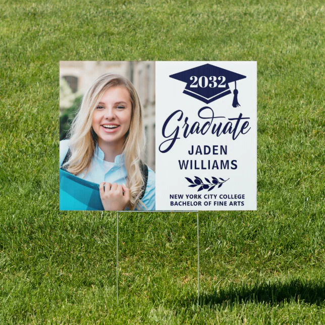 Modern White Navy PHOTO Graduation Banner Yard Sign | Zazzle