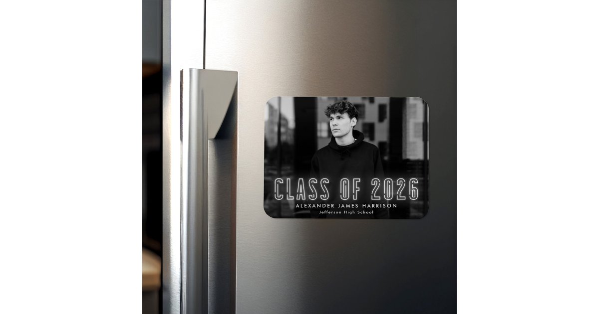 Modern White Neon Class of 2026 Photo Graduation Magnet | Zazzle