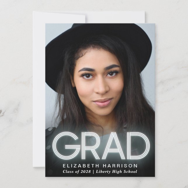 Modern White Neon Graduation Announcement (Front)