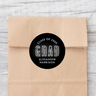 Modern White Neon Graduation Classic Round Sticker