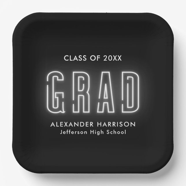 Modern White Neon Graduation Paper Plates (Front)