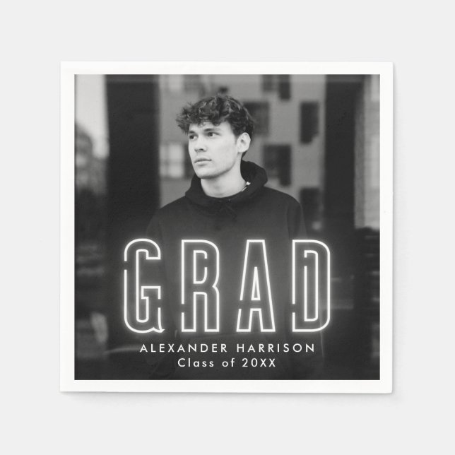 Modern White Neon Photo Graduation Napkins (Front)