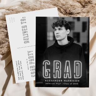 Modern White Neon Photo Graduation Party Invitation Postcard