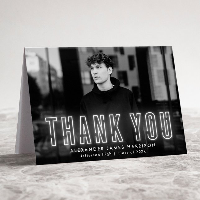 Modern White Neon Photo Graduation Thank You Card (Creator Uploaded)