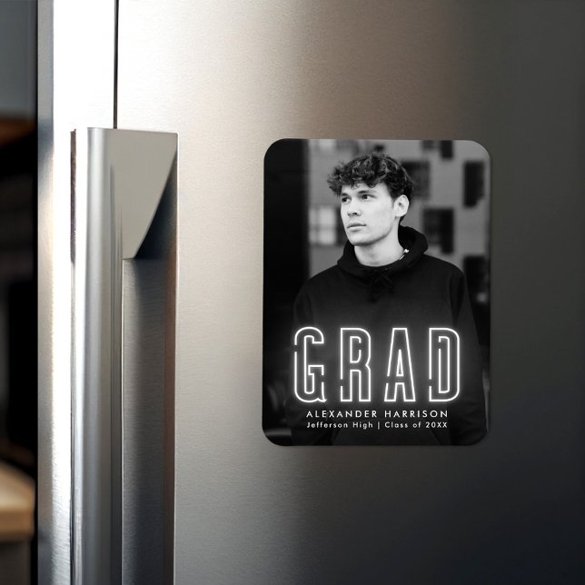 Modern White Neon Vertical Photo Graduation Magnet (Creator Uploaded)