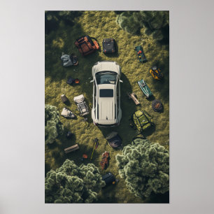 Modern White Nissan Car Overhead View Poster