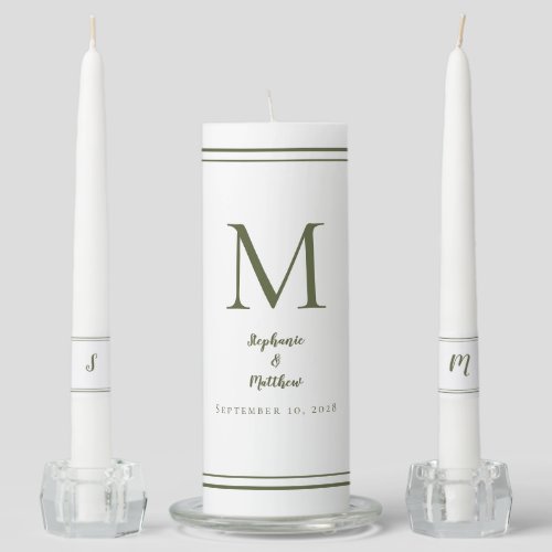 Modern White & Olive Wedding Ceremony Bride Groom Unity Candle Set