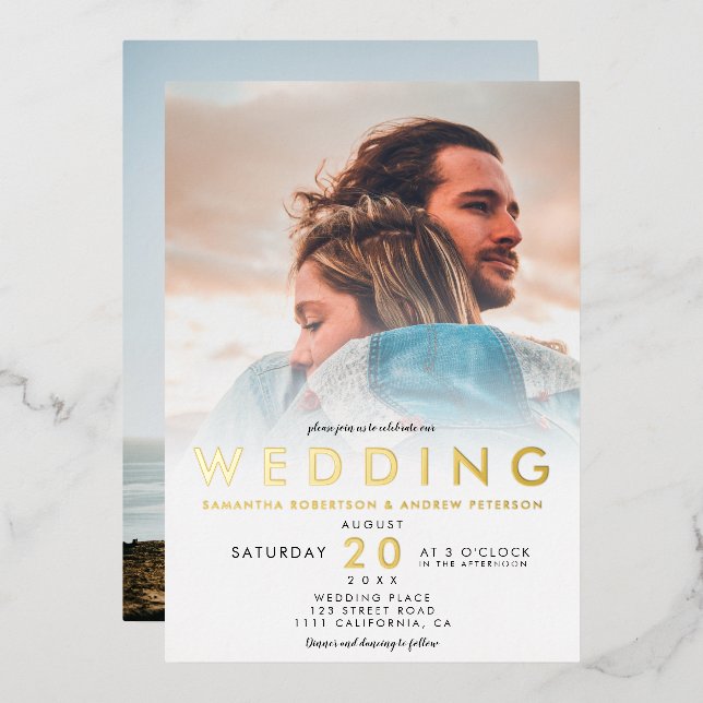 Modern white ombre simple 2 photos wedding foil invitation (Front/Back)