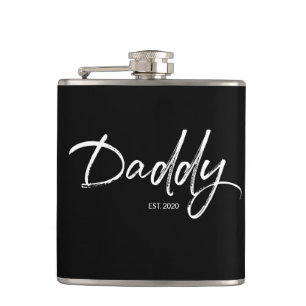 Modern White on Black Daddy Script Custom year dad Flask