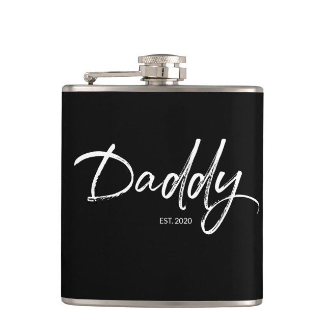 Modern White on Black Daddy Script Custom year dad Flask (Front)