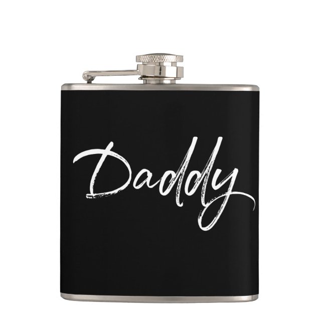 Modern White on Black Daddy Script  Flask (Front)