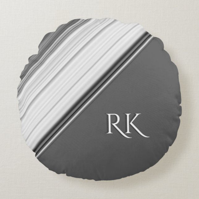 Modern White on Gray Monogram Round Pillow (Front)