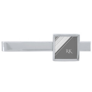 Modern White on Gray Monogram Silver Finish Tie Bar