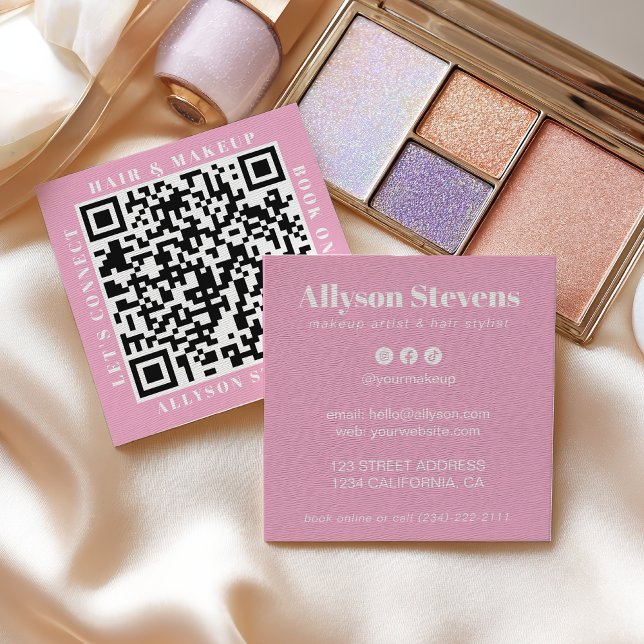 Modern White on Pink Bold QR Code Hair & Makeup Square Business Card (Modern White on Pink Bold QR Code Hair & Makeup Square Business Card)