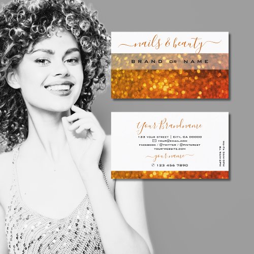 Modern White Orange Gold Sparkle Glitter Glamorous Business Card