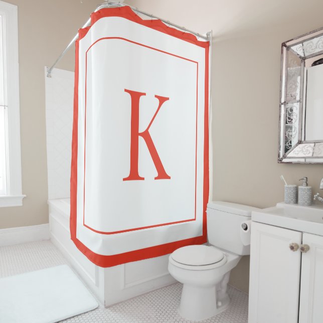 modern White & Orange Initial Monogram  Shower Curtain (In Situ)