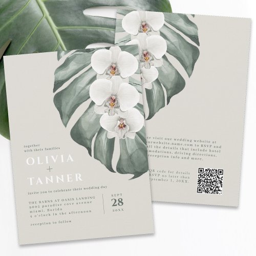 Modern White Orchids QR code Tropical Wedding Invitation