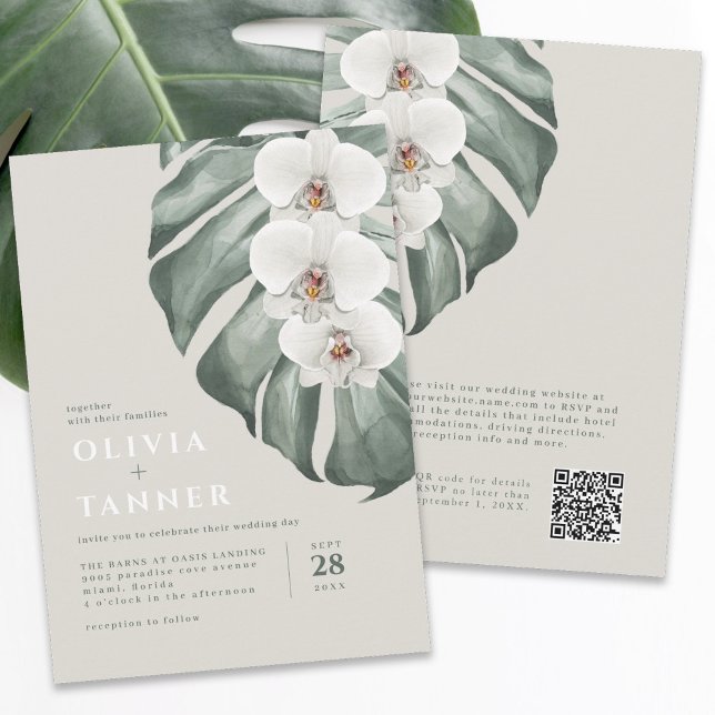 Modern White Orchids QR code Tropical Wedding Invitation (Available in both printed and digital formats.)