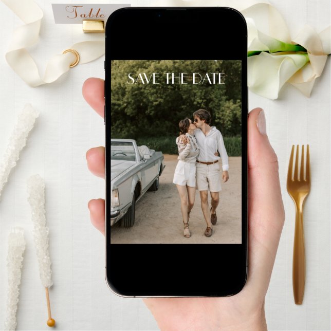 Modern White Overlay Art Deco Two Photo Wedding Save The Date (Front Digital)