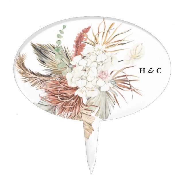 Modern White Pampas Dried Grass Floral Cake Topper (Front)