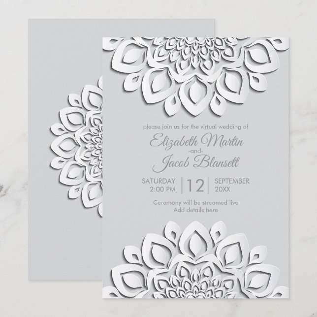 Modern White Paper cut Mandala Virtual Wedding Invitation (Front/Back)