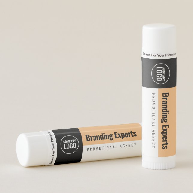 Modern White Peach Black Company Name Logo Lip Balm (Front)
