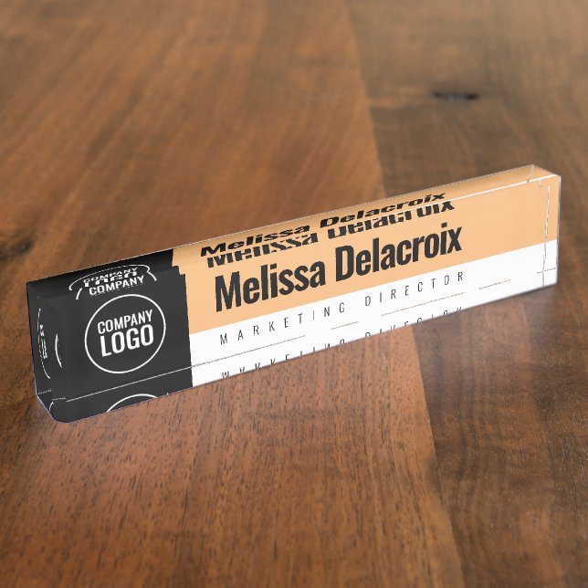 Modern White Peach Black Employee Company Logo Desk Name Plate (Side)