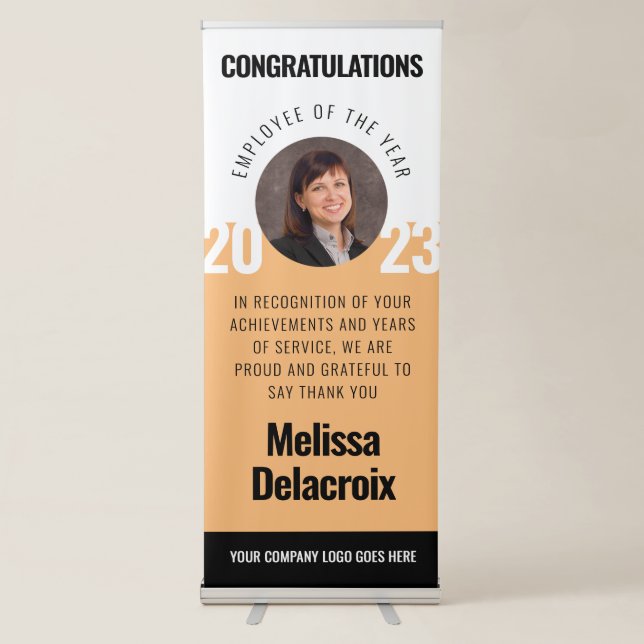 Modern White Peach Black Employee of Year Retractable Banner (Front)