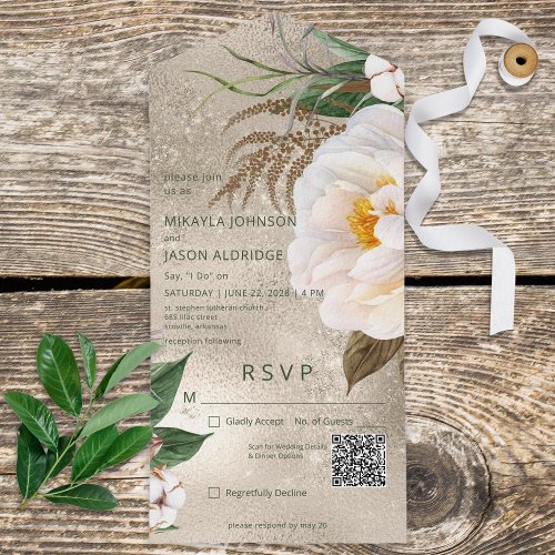 Modern White Peonies Floral on Gold QR Code All In One Invitation