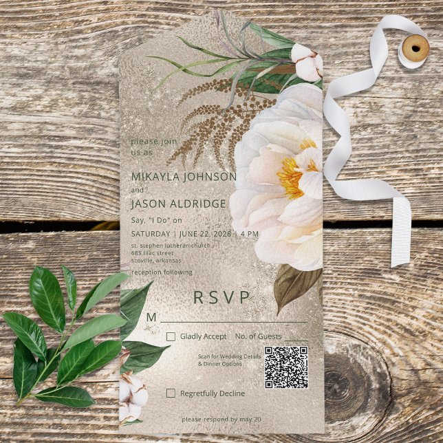 Modern White Peonies Floral on Gold QR Code All In One Invitation (Creator Uploaded)
