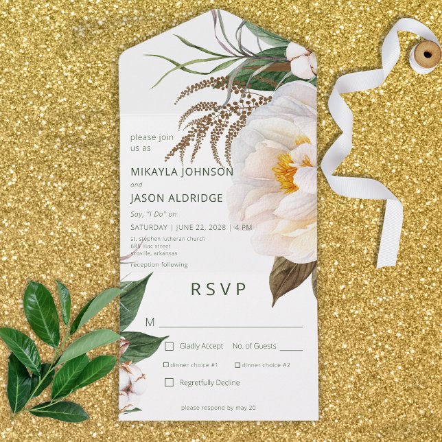 Modern White Peonies Floral on White Dinner All In One Invitation (Creator Uploaded)