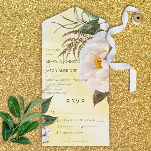 Modern White Peonies Floral on Yellow Dinner All In One Invitation