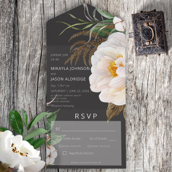 Modern White Peonies On Black Dinner All In One Invitation by SimplyFarmhousePress at Zazzle