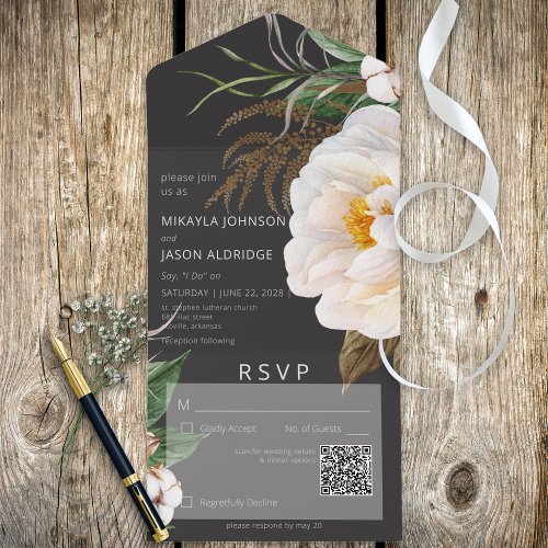 Modern White Peonies on Black QR Code All In One Invitation