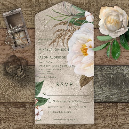 Modern White Peonies on Gold Dinner All In One Invitation