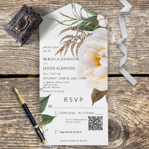 Modern White Peonies on White QR Code All In One Invitation