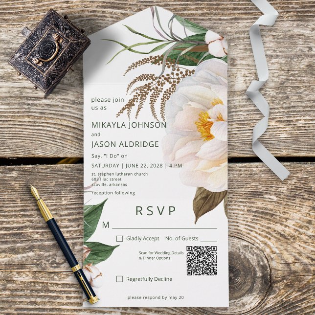 Modern White Peonies on White QR Code All In One Invitation (Creator Uploaded)